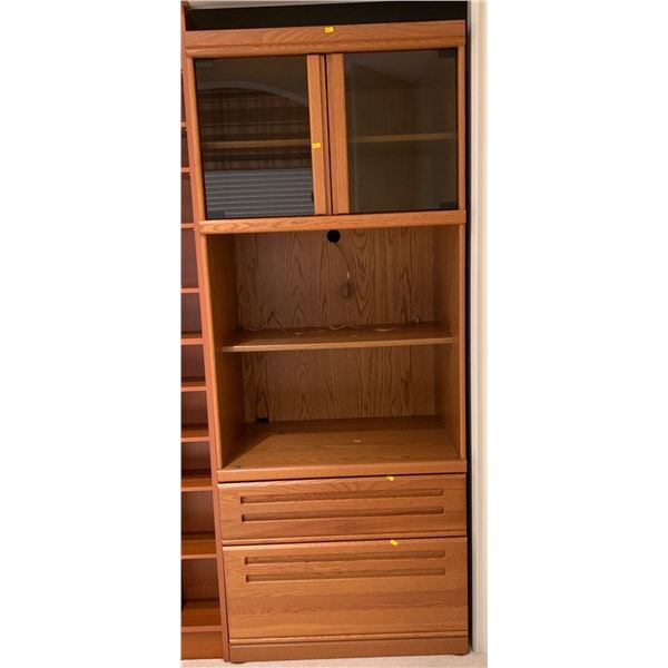 Large wooden cabinet, fits in closet; 2 pull out drawers and a glass display on top; 30W, 20D, 75T