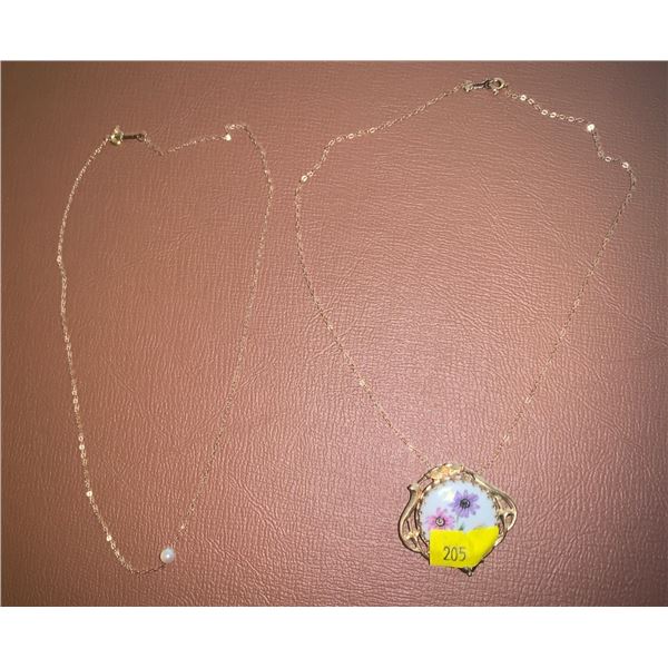 Set of 2 dainty gold necklaces; One with pearl stamped 10k, the other is stamped '10k gcc'