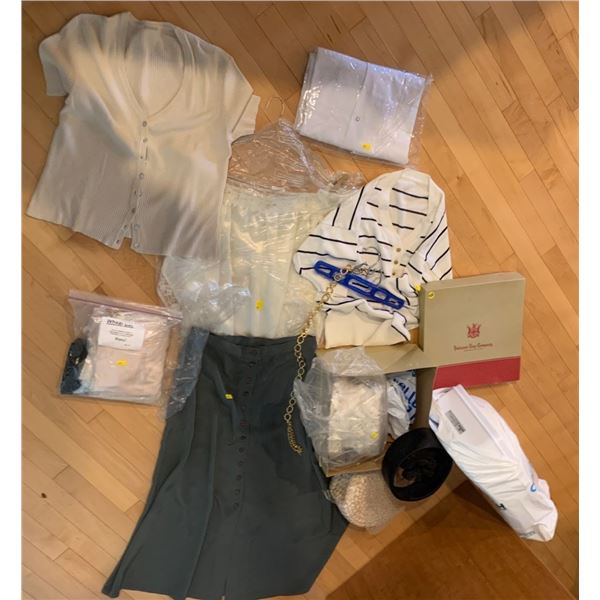 Set of women's clothing; skirt, tops, vintage hats, nightwear, etc. Approx size medium
