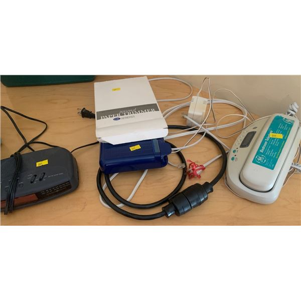 Set of vintage phone, alarm clock/radio, paper trimmer, extension cords