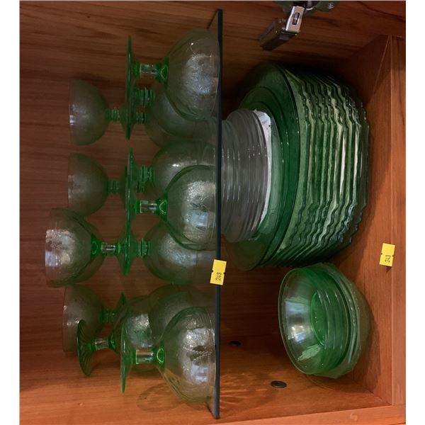 Set of green cups, plates, and small bowls; plus white smaller plates
