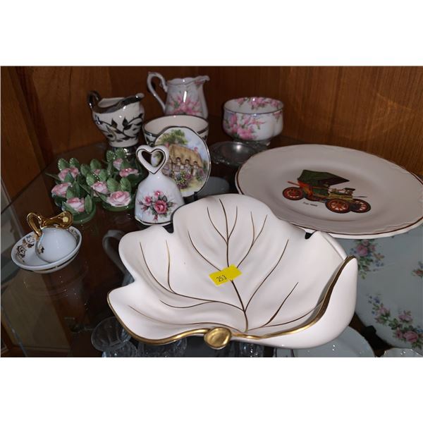 Various china; Lemoges France mini pitcher w/ glass, Royal Albert cups, Henry Ford museum plate, etc