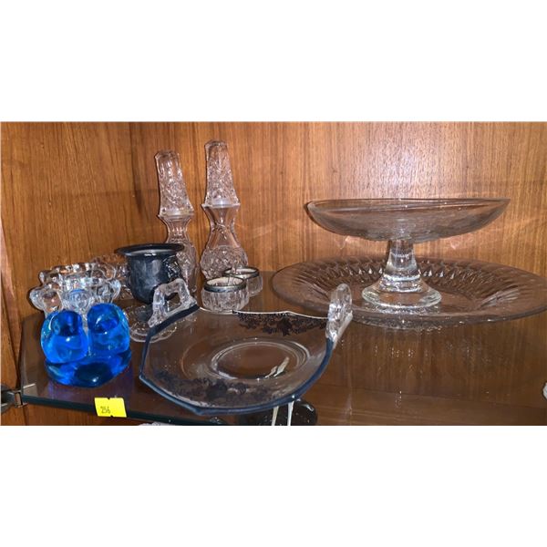 Set of various glassware; candle accessories, food display trays, etc