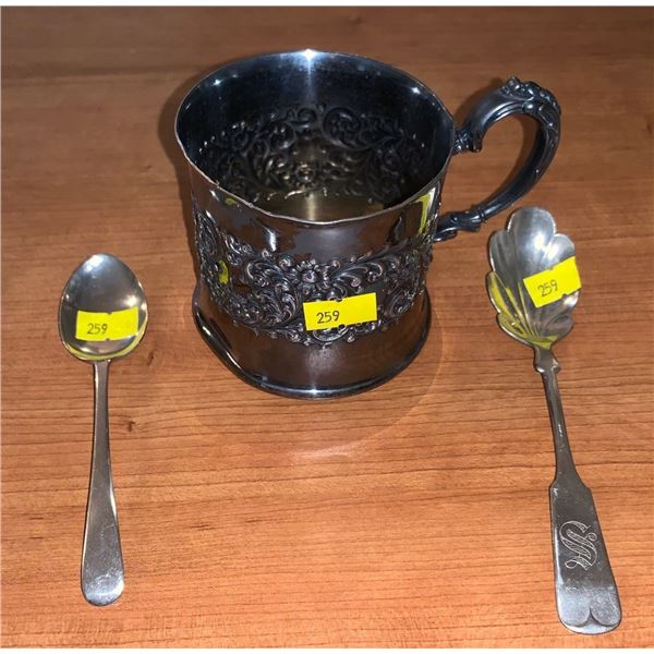Forbes Silver Co. cup with silver spoon and second spoon marked x-12-ns
