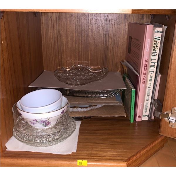 Various kitchen items including oven fire king ware, and other dishes, plus some books!