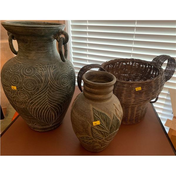 Decoration urn like pieces; large urn (14W, 18T), smaller urn (7W, 13T), wooden basket (19W, 11T)