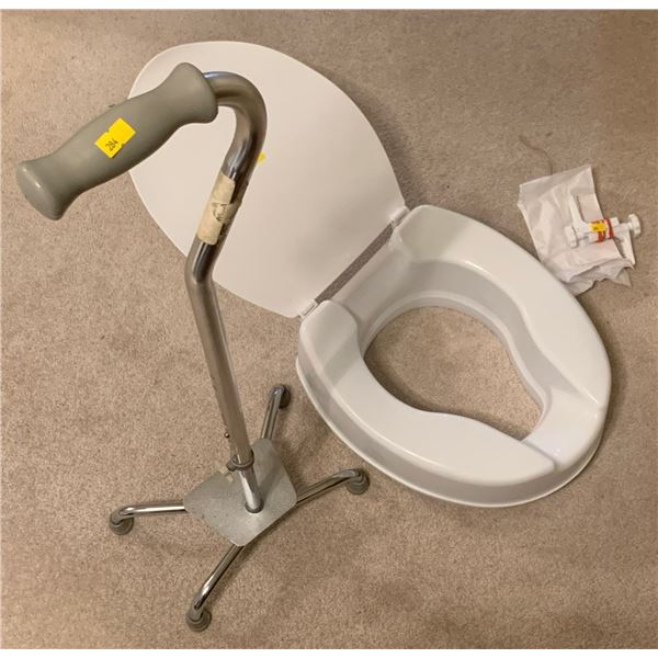 Set of raised toilet seat (5T), and cane