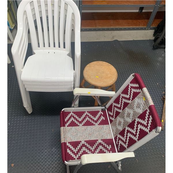 Set of 4 white lawn chairs (22W, 32T) plus wooden stool (13W, 24T), and red lawn chair (24W, 34T)