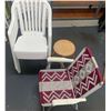 Image 1 : Set of 4 white lawn chairs (22W, 32T) plus wooden stool (13W, 24T), and red lawn chair (24W, 34T)