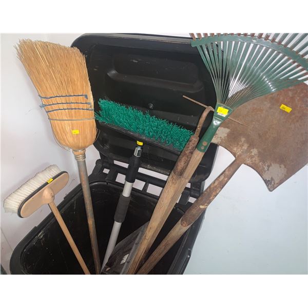 Set of home and garden supplies (garden gloves, etc) and lawn tools -- NOT incl the big black bin