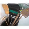 Image 1 : Set of home and garden supplies (garden gloves, etc) and lawn tools -- NOT incl the big black bin