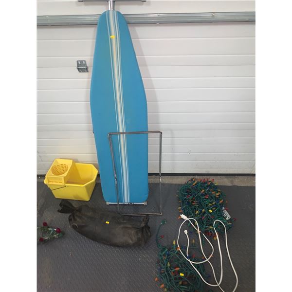 Set of various home supplies including mop bucket, iron board, holiday lights, and more!