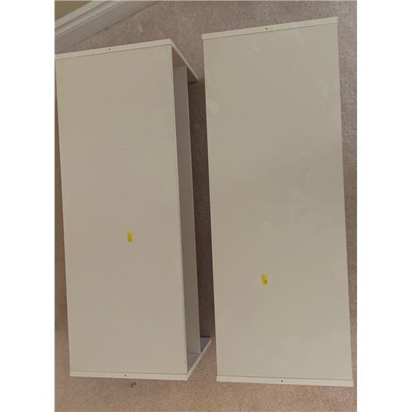 Set of white shelves (2; measure 31W, 12D, 12T each), plus 4 wooden stools (22W, 16D, 26T each)