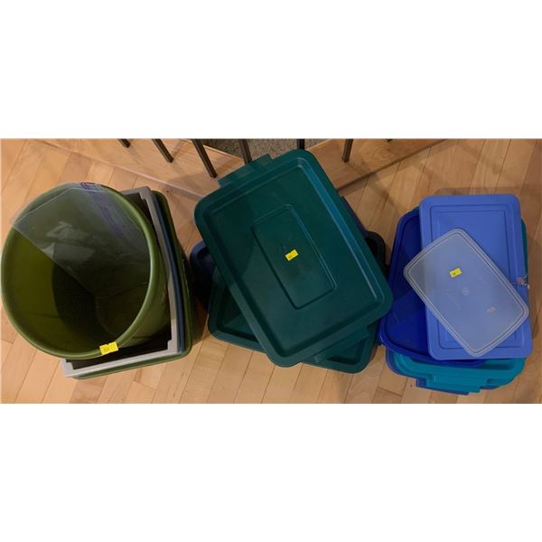 Set of plastic boxes, lids, and replaceable garbage bins