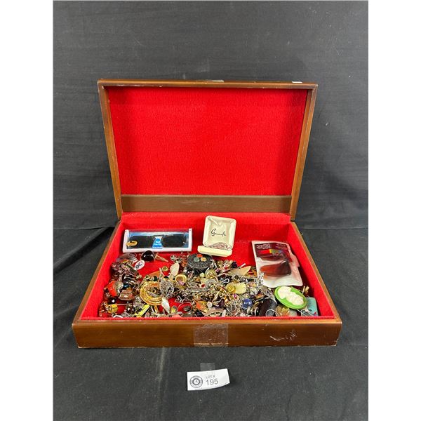 Vintage Wood & Felt Lined Box w/ Assorted Costume Jewelry Pieces & More. Approx. 10.5" x 14.5" x 3"