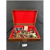 Image 1 : Vintage Wood & Felt Lined Box w/ Assorted Costume Jewelry Pieces & More. Approx. 10.5" x 14.5" x 3"