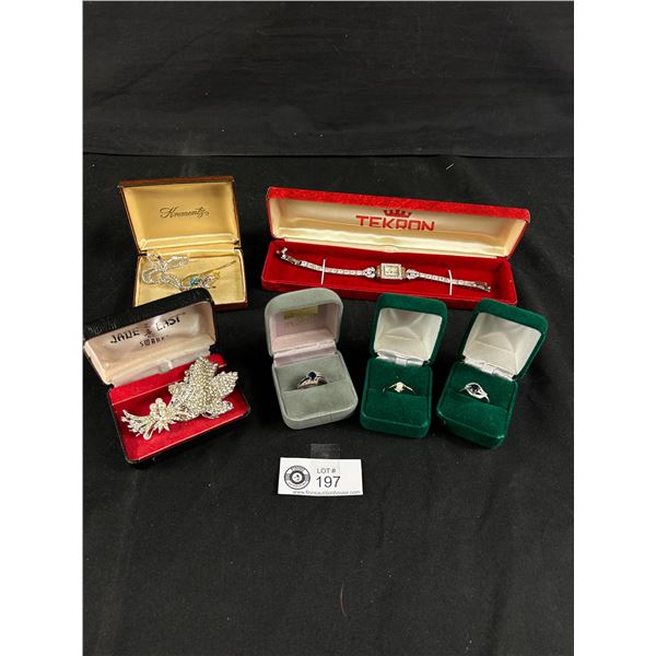 Nice Lot Of Assorted Jewelry w/ Boxes. Watch, Rings & Brooches