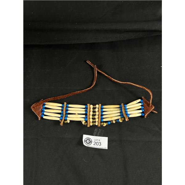 Vintage Handmade Bone Choker Style Beaded Necklace. Approx. 28" L w/ Ties