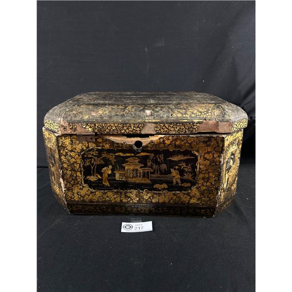 Old Asian Wood Box (As Found) w/ Assortment Of Vintage Post Cards, Photos, Souveniers & More