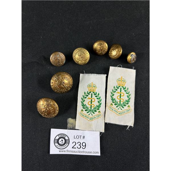 Lot Of Vintage Royal Army Medical Corp Brass Buttons & Silk Badges