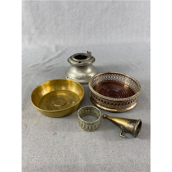 5 Antique Metalwork Items including 19th Century Pewter Inkwell