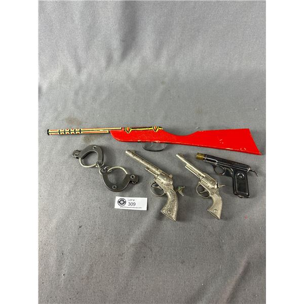 Lot Of Vintage Toys - Hubley Chief & Pet Cap Guns, Metal Gun & HandCuffs Plus Wood/Metal Rifle