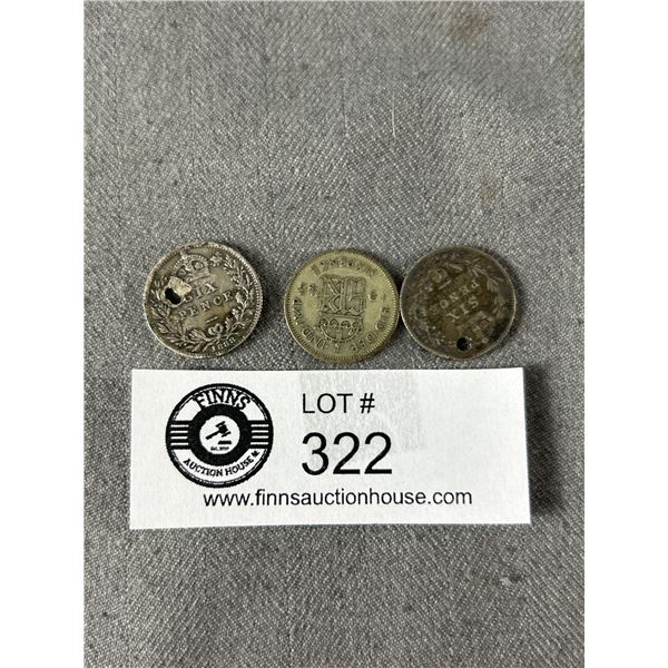 3 British Six Pence Silver Coins. 1888,1945 etc