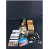 Image 1 : Vintage Lot - Studio Photo Cards, Post Cards, Buttons, Asian 3" x 4" x 1.5"  Metal Box w/Wood Lining