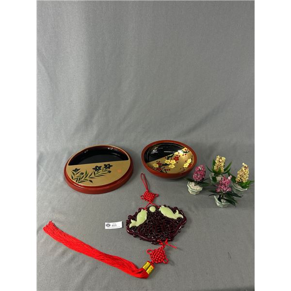 Vintage Asian Décor Lot - Lacquerware Bowl and Wall Pocket, Wall Hanging, Glass Trees