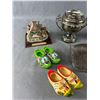 Image 2 : Vintage Décor- 4" Wooden Shoes, 12" Folk Art Figures, 2 Metal Plated Sugar Bowls & More