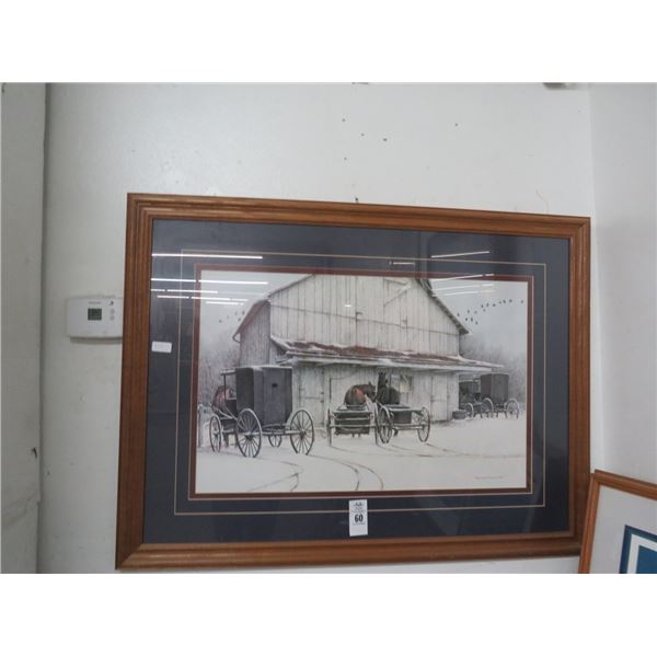 Framed Art Horses At Barn In Winter - Signed Richman - 30 X 40