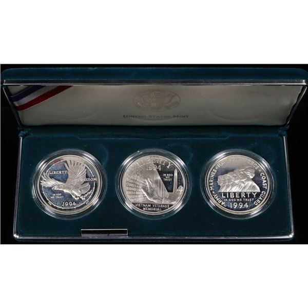 1994 US VETERANS SILV $1 3-COIN COMMEM SET OGP