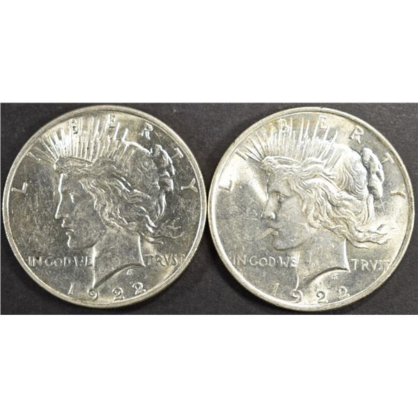 (2) 1922 PEACE DOLLARS BU