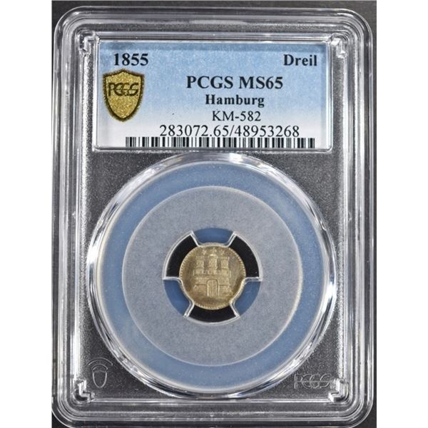 1855 SILVER HAMBURG DREIL PCGS MS65 KM-582