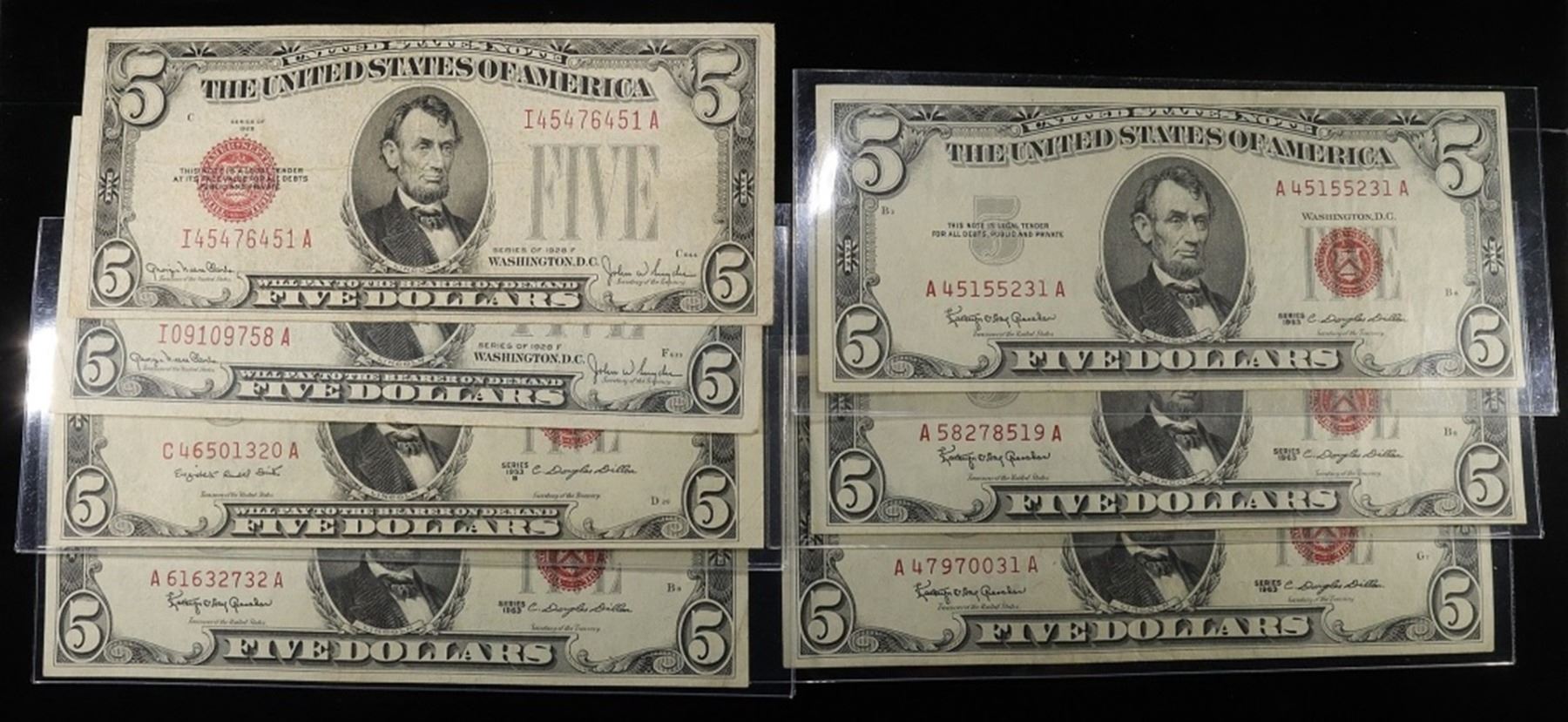 Red Note Money (2) 1928, (1) 1953, (4) 1963 $5 RED SEAL NOTES