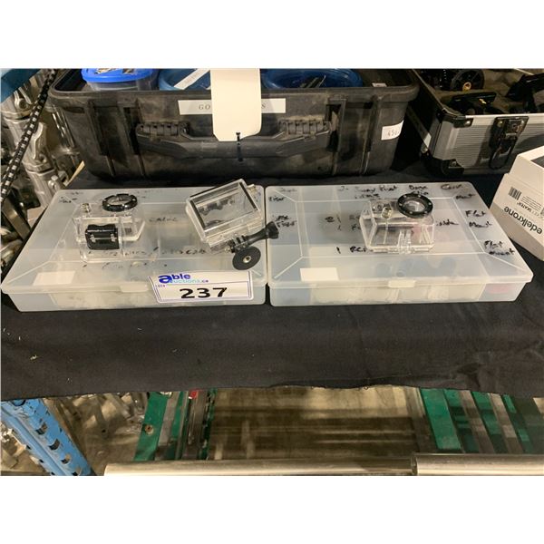 3 COMMERCIAL PRODUCTION GO PRO PROTECTIVE CASES & 2 PLASTIC SORTERS OF VARIOUS CLIPS, PARTS,