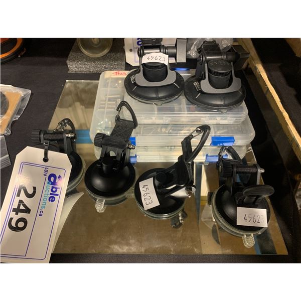 5 ASSORTED COMMERCIAL DSLR CAMERA SUCTION / STRAP MOUNTS WITH 2 SORTERS OF ASSORTED HARDWARE