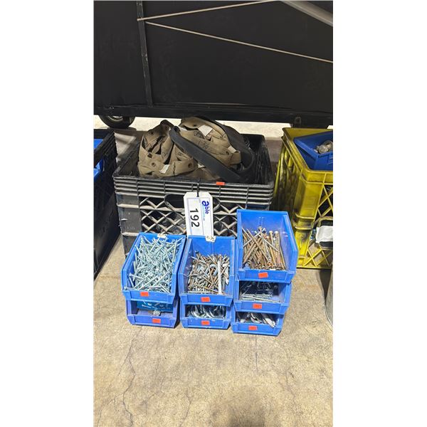 BLACK CRATE OF ASSORTED HEAVY DUTY INDUSTRIAL HARDWARE WITH BLUE STACKING PARTS BINS