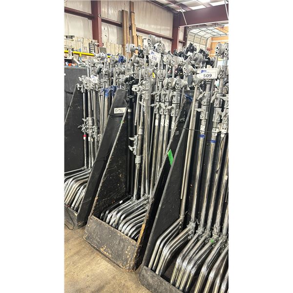 10 KUPO / AVENGER TALL C-STANDS WITH LONG ARMS IN PNEUMATIC TIRE TRANSPORT CART