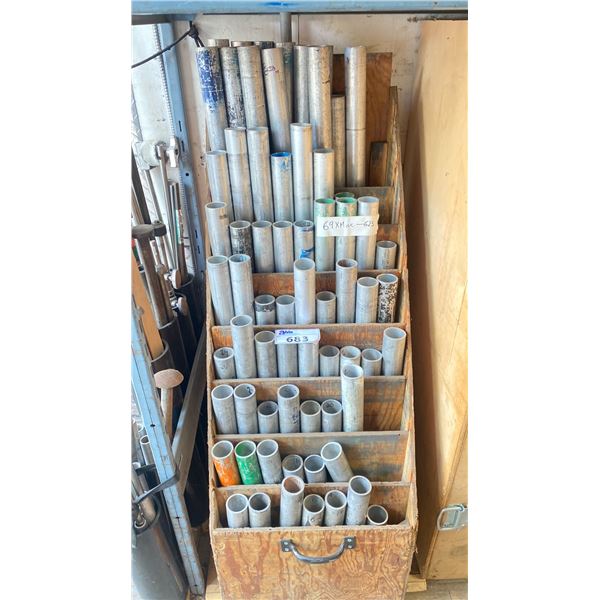 MOBILE WOODEN CART OF ASSORTED SIZE ALUMINUM PIPING, GROUND STAKES, PIPE ACCORDION, MISCELLANEOUS
