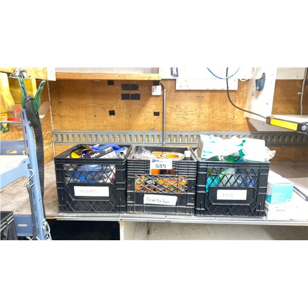 1 CRATE OF WORK GLOVES, 1 CRATES OF ASSORTED PPE, 1 CRATE OF GORILLA TAPE *CRATE INCLUDED*