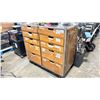 Image 1 : 9 DRAWER WOODEN MOBILE GRIP TOOL BOX WITH ASSORTED COMMERCIAL PRODUCTION GRIP TOOLS & HARDWARE