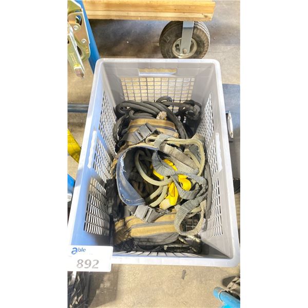 GREY PLASTIC BIN OF ASSORTED RIGGING HARNESSES / ROPES *CRATE INCLUDED*