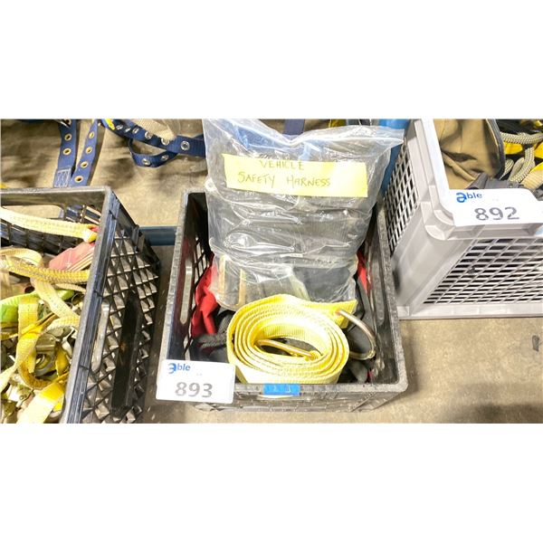 PLASTIC CRATE OF VEHICLE SAFETY HARNESS & ASSORTED SAFETY STRAPS *CRATE INCLUDED*