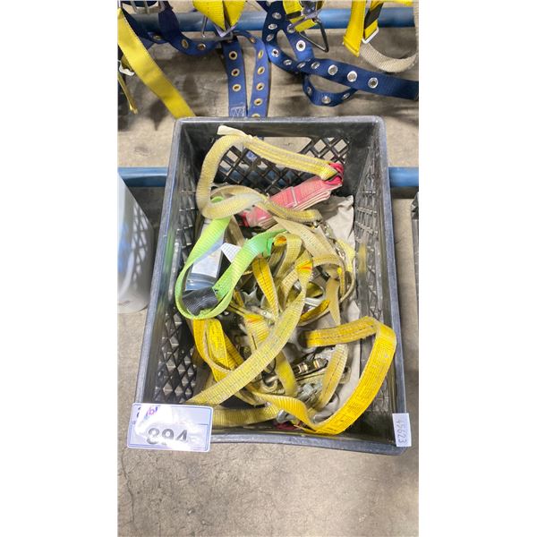 PLASTIC CRATE OF SAFETY HARNESS LANYARDS & ASSORTED SAFETY STRAPS *CRATE INCLUDED*
