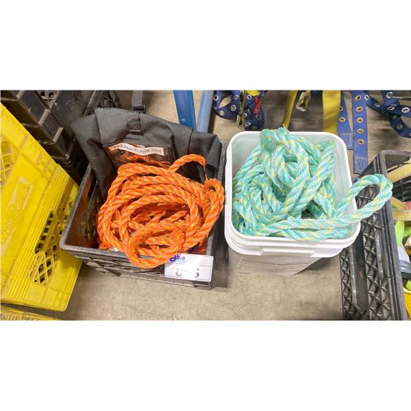 PLASTIC CRATE OF 50' LIFELINE - ROPE GRAB & BUCKET OF ASSORTED SAFETY ROPE *CRATE INCLUDED*