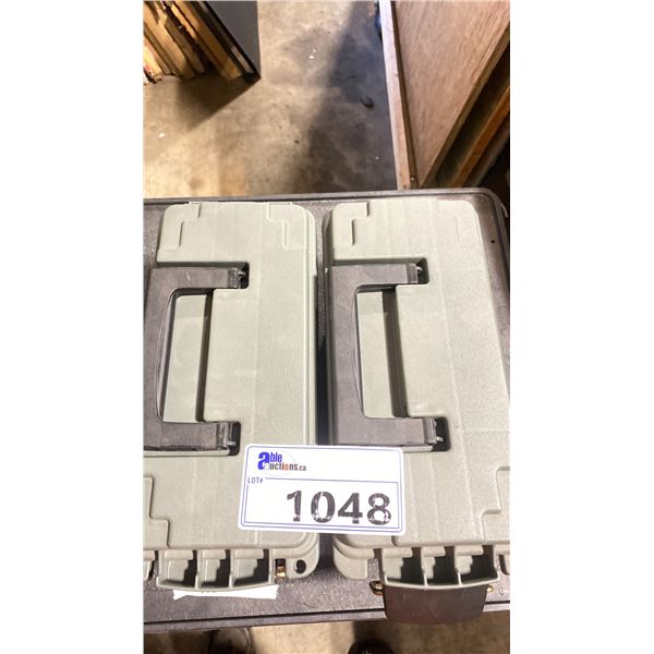2 PLANO FIELD BOXES WITH RIGGING HARDWARE INCLUDING 1/4" FENDER WASHERS & 1 EMPTY CONTAINER