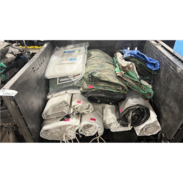 PALLET CRATE OF ASSORTED COMMERCIAL TARPS *PALLET CRATE NOT INCLUDED*