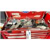Image 2 : RED 8 DRAWER METAL TOOL BOX WITH ASSORTED COMMERCIAL PRODUCTION RIGGING HARDWARE / TOOLS