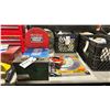 Image 1 : 3 METAL HARDWARE SORTERS, AMMO BOX WITH ASSORTED COMMERCIAL PRODUCTION RIGGING HARDWARE, SAWBLADES